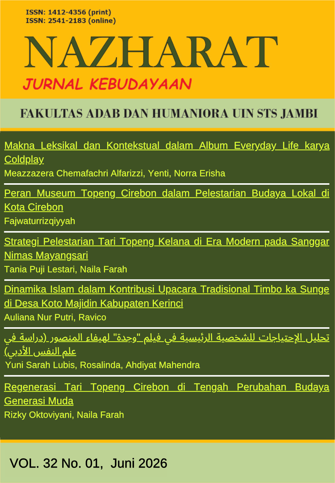 					View Vol. 32 No. 1 (2026): NAZHARAT: Jurnal Kebudayaan
				